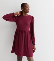 New Look Tall Burgundy Crinkle Long Sleeve Mini Smock Dress
